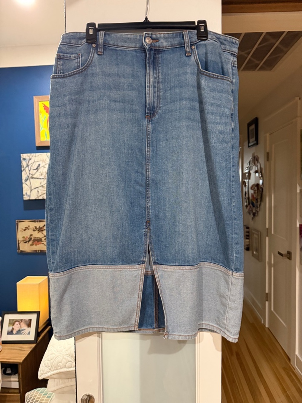 Chico's Two-Tone Blue Denim Midi Skirt with Front Slit